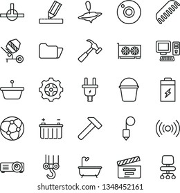 thin line vector icon set - camera vector, movie cracker, comb, small yule, winch hook, concrete mixer, bucket, bath, drawing, plummet, hammer, with claw, charging battery, electric plug, gear, pan