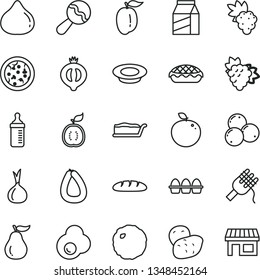 thin line vector icon set - measuring bottle for feeding vector, beanbag, package, stick of sausage, bundle eggs, loaf, pizza, spaghetti, cake slice, apple pie, a plate milk, cabbage, fried egg, fig