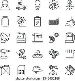 thin line vector icon set - crane vector, big core, concrete mixer, drill, helmet, marine propeller, charging battery, solar panel, coal mining, gas station, light bulb, industrial building, racer