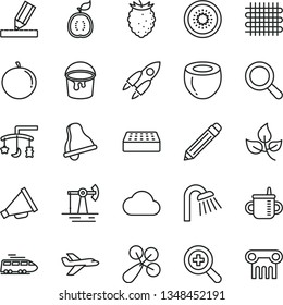 thin line vector icon set - bell vector, graphite pencil, magnifier, zoom, horn, toys over the cradle, mug for feeding, baby rattle, paint bucket, shower, drawing, brick, tasty raspberry, tangerine