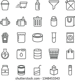 thin line vector icon set - wicker pot vector, bin, mug for feeding, measuring cup, bottle, powder, e, bucket, bag with handles, unpacking, canned goods, tin, of popcorn, jam, jar, round flask, oil