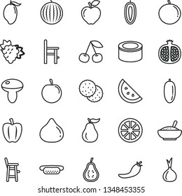 thin line vector icon set - a chair for feeding vector, child, canned goods, mini hot dog, mushroom, bowl of rice porridge, orange slice, biscuit, cherry, half pomegranate, branch grape, red apple