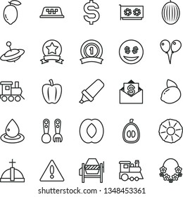 thin line vector icon set - warning vector, plastic fork spoons, baby toy train, children's, yule, colored air balloons, concrete mixer, melon, half peach, loquat, lemon, yellow, slice of pineapple