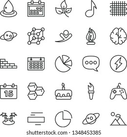 thin line vector icon set - calendar vector, minus, pie chart, brick wall, torte, honeycombs, leaves, weaving, drop of oil, charts, speech, note, joystick, brain, flame, saturn, 3d cube, torch