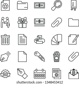thin line vector icon set - clip vector, bin, clean sheet of paper, scribbled, folder, sample colour, stationery knife, electronic boiler, notes, cup popcorn, magnifier, cash, scientific publication