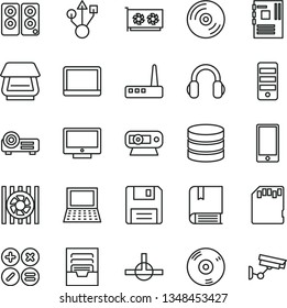 thin line vector icon set - archive vector, e, CD, screen, smartphone, math actions, notebook pc, radiator fan, tower, motherboard, gpu card, web camera, usb, router, scanner, headphones, speaker