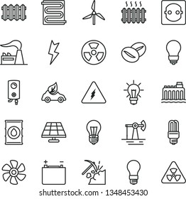 thin line vector icon set - bulb vector, lightning, heating coil, new radiator, boiler, coffee beans, marine propeller, solar panel, working oil derrick, coal mining, windmill, factory, accumulator