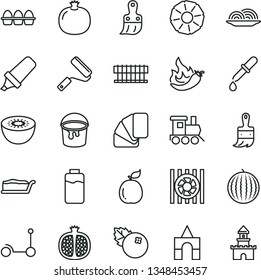 thin line vector icon set - baby toy train vector, box of bricks, Kick scooter, paint bucket, new roller, sample colour, plastic brush, wooden, bundle eggs, onion, cake slice, blueberries, half
