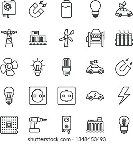 thin line vector icon set - lightning vector, concrete mixer, cordless drill, bulb, power socket type f, radiator, boiler, fan screw, charge level, wind energy, hydroelectric station, pole, magnet