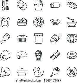 thin line vector icon set - plates and spoons vector, iron fork, sausage, cheese, pizza, porcini, cake with a hole, lettuce in plate, of milk, chicken thigh, grill leg, barbecue, French fries, sushi