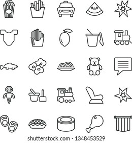 thin line vector icon set - image of thought vector, Child T shirt, car seat, toy sand set, children's, small teddy bear, baby train, shoes for little children, canned goods, onion, apple pie, cup