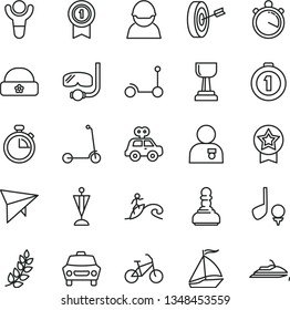 thin line vector icon set - stopwatch vector, motor vehicle present, Kick scooter, child, warm hat, car, racer, winner, laurel branch, gold cup, pawn, man with medal, pennant, purpose, first place