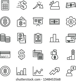 thin line vector icon set - bank card vector, growth up, dollar, bar chart, graph, calculation, cards, coins, a crisis, statistical overview, denomination of the, research, calculator, cashbox, coin