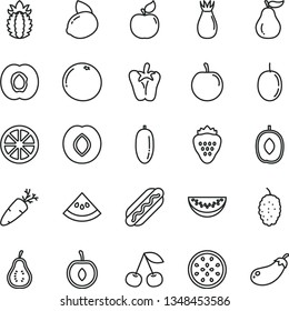 thin line vector icon set - Hot Dog vector, peper, carrot, strawberry, cherry, half apricot, plum, rose hip, mulberry, delicious, water melon slice, date fruit, tasty, passion, yellow lemon, juicy