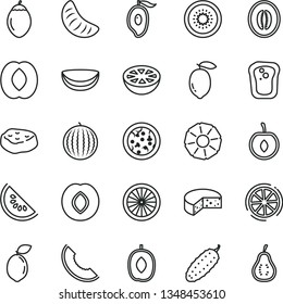 thin line vector icon set - cheese vector, pizza, piece of meat, cucumber, sandwich, plum, water melon, slice, half mango, delicious, peach, tangerine, cherry, lemon, kiwi, tamarillo, sour lime