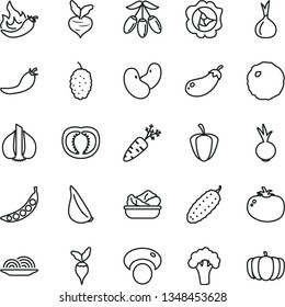 thin line vector icon set - onion vector, lettuce in a plate, cabbage, cucumber, tomato, beet, garlic, squash, mulberry, goji berry, half, ripe pepper, red, hot, carrot, peas, beans, mashroom