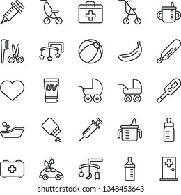 thin line vector icon set - heart symbol vector, first aid kit, toys over the cradle, cot, mug for feeding, measuring cup, bottle, baby powder, stroller, carriage, summer, sitting, mercury, banana