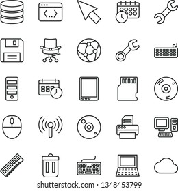 thin line vector icon set - keyboard vector, computer, tablet pc, notebook, mouse, tower, memory, cd, printer, network, trash bin, floppy, coding, wireless, chair, sd card, big data, repair, cursor