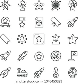 thin line vector icon set - add bookmark vector, star gear, rocket, space, lunar rover, bang, cup, reward, medal, flag, hero, ribbon, certificate, stars around man, disco ball, starfish, compass