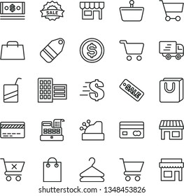 thin line vector icon set - bank card vector, dollar, e, city block, cart, crossed, bag with handles, kiosk, hanger, label, stall, shopping, basket, reverse side of a, cash, hand, Express delivery