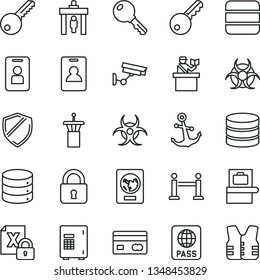 thin line vector icon set - key vector, lock, anchor, passport, big data, reverse side of a bank card, encrypting, biohazard, airport tower, rope barrier, identity, security gate, baggage scanner
