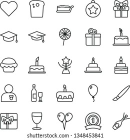 thin line vector icon set - tassel vector, colored air balloons, balloon, cake, birthday, heart, gift, square academic hat, Easter, slice, torte, lollipop, glass, giftbox, star cup, man with medal