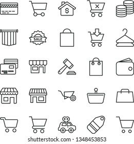 thin line vector icon set - paper bag vector, bank card, hammer of a judge, motor vehicle present, building trolley, cart, put in, crossed, cards, kiosk, coins, hanger, label, stall, shopping, hand