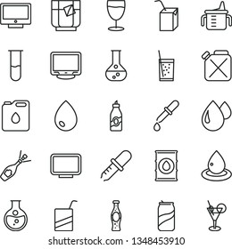 thin line vector icon set - measuring cup for feeding vector, e, packing of juice with a straw, drop, screen, glass soda, tea, can, bottle, liquor, round flask, oil, canister, monitor, test tube