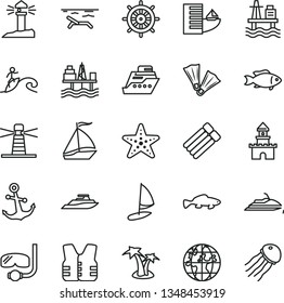 thin line vector icon set - anchor vector, small fish, sea port, commercial seaport, lighthouse, coastal, planet, sand castle, sail boat, hotel, beach, palm tree, starfish, flippers, diving mask