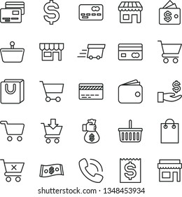 thin line vector icon set - grocery basket vector, bank card, cart, put in, crossed, bag with handles, cards, kiosk, shopping, reverse side of a, front the, denomination dollar, financial item