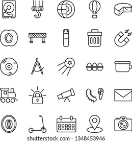thin line vector icon set - envelope vector, children's potty, baby toy train, child Kick scooter, winch hook, road fence, cheese, bundle of eggs, half apricot, melon, scribed compasses, geolocation