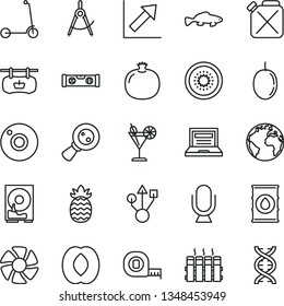 thin line vector icon set - camera vector, sign of the planet, laptop, growth chart, child Kick scooter, measuring tape, building level, radiator, microphone, small fish, cocktail, pomegranate, kiwi