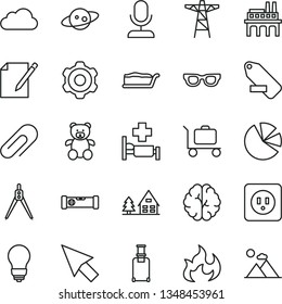thin line vector icon set - clip vector, remove label, teddy bear, cogwheel, bulb, power socket type b, construction level, notes, cake slice, pole, industrial enterprise, pie charts, cursor, cloud
