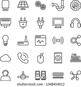 thin line vector icon set - monitor window vector, gears, sewerage, star gear, cardiogram, solar panel, oil, light bulb, hydroelectric station, plug, electric, connections, operator, phone call