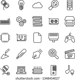 thin line vector icon set - laptop vector, zoom, movie cracker, mercury thermometer, trowel, concrete mixer, hawser, heating coil, bulb, aluminum radiator, magnifying glass, gears, keyboard, cpu