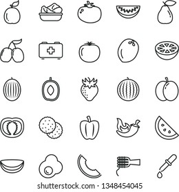 thin line vector icon set - bag of a paramedic vector, noodles, lettuce in plate, tomato, chili, fried egg, orange slice, biscuit, apple, pear, strawberry, tasty cornels, melon, water, guava
