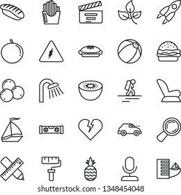 thin line vector icon set - paint roller vector, movie cracker, car child seat, baby bath ball, shower, building level, writing accessories, broken heart, burger, pie, fried potato slices, tangerine