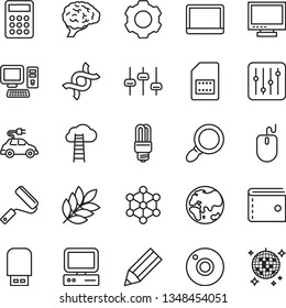 thin line vector icon set - camera vector, monitor, purse, new roller, regulator, planet, mercury light bulb, electric car, SIM card, pencil, calculator, computer, notebook pc, mouse, usb flash, dna