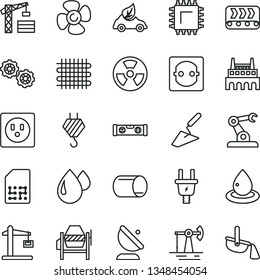 thin line vector icon set - tower crane vector, hook, gears, trowel, concrete mixer, building level, fan screw, working oil derrick, electric plug, power socket, industrial factory, conveyor, drop