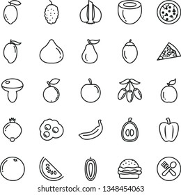 thin line vector icon set - pizza vector, piece of, burger, mushroom, omelette, fig, medlar, blueberry, mulberry, slice water melon, mango, goji berry, half loquat, tasty plum, sweet date fruit
