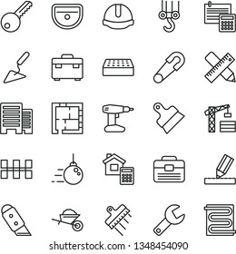 thin line vector icon set - repair key vector, safety pin, tower crane, winch hook, big core, garden trolley, building trowel, drill, portfolio, suitcase, sink, laying out, buildings, drawing, brick