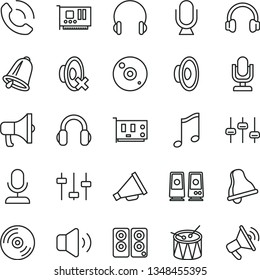 thin line vector icon set - bell vector, desktop microphone, horn, loudspeaker, silent mode, drum, headphones, music, CD, volume, phone call, megaphone, pc card, speaker, settings
