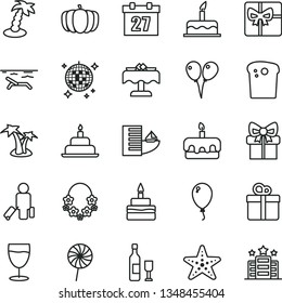 thin line vector icon set - daily calendar vector, colored air balloons, balloon, cake, birthday, gift, Easter, torte, lollipop, glass, pumpkin, giftbox, wine, passenger, hotel, beach, palm tree