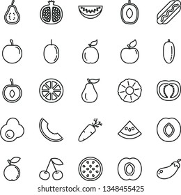 thin line vector icon set - Hot Dog vector, carrot, fried egg, cherry, half apricot, pomegranate, plum, blueberry, slice of melon, delicious, water, date fruit, tasty, passion, juicy lemon, guava