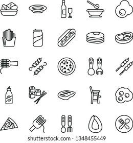 thin line vector icon set - plates and spoons vector, a chair for feeding child, plastic fork, iron, stick of sausage, pizza, piece, Hot Dog, spaghetti, noodles, lettuce in plate, bacon, chop, egg