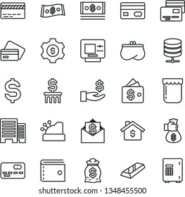 thin line vector icon set - bank card vector, purse, buildings, big data server, cards, jam, reverse side of a, front the, denomination dollar, get wage, cash, cashbox, gold bar, money bag hand, atm