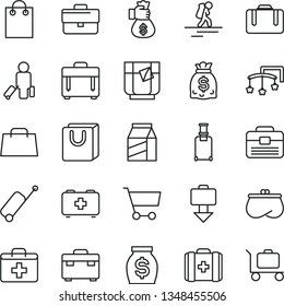 thin line vector icon set - briefcase vector, first aid kit, toys over the cot, bag of a paramedic, medical, portfolio, suitcase, case, with handles, package, glass tea, cart, purse, money, dollars