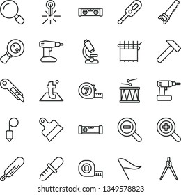 thin line vector icon set - zoom vector, out, wind direction indicator, electronic thermometer e, mercury, drumroll, cordless drill, hand saw, measuring tape, long meashuring, construction level