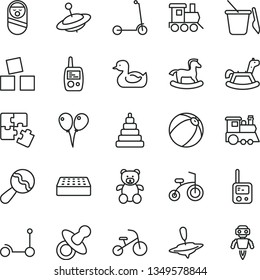 thin line vector icon set - dummy vector, beanbag, rubber duck, baby bath ball, stacking toy, roly poly doll, phone, mobile, children's sand set, teddy bear, train, yule, small, rocking horse, brick