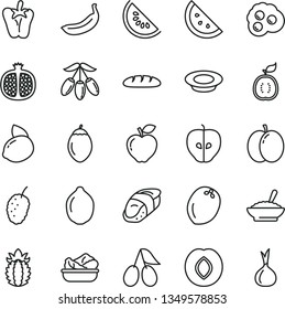 thin line vector icon set - loaf vector, a bowl of buckwheat porridge, lettuce in plate, milk, peper, sushi, omelette, orange slice, apple, half pomegranate, red, tasty, plum, cornels, mulberry